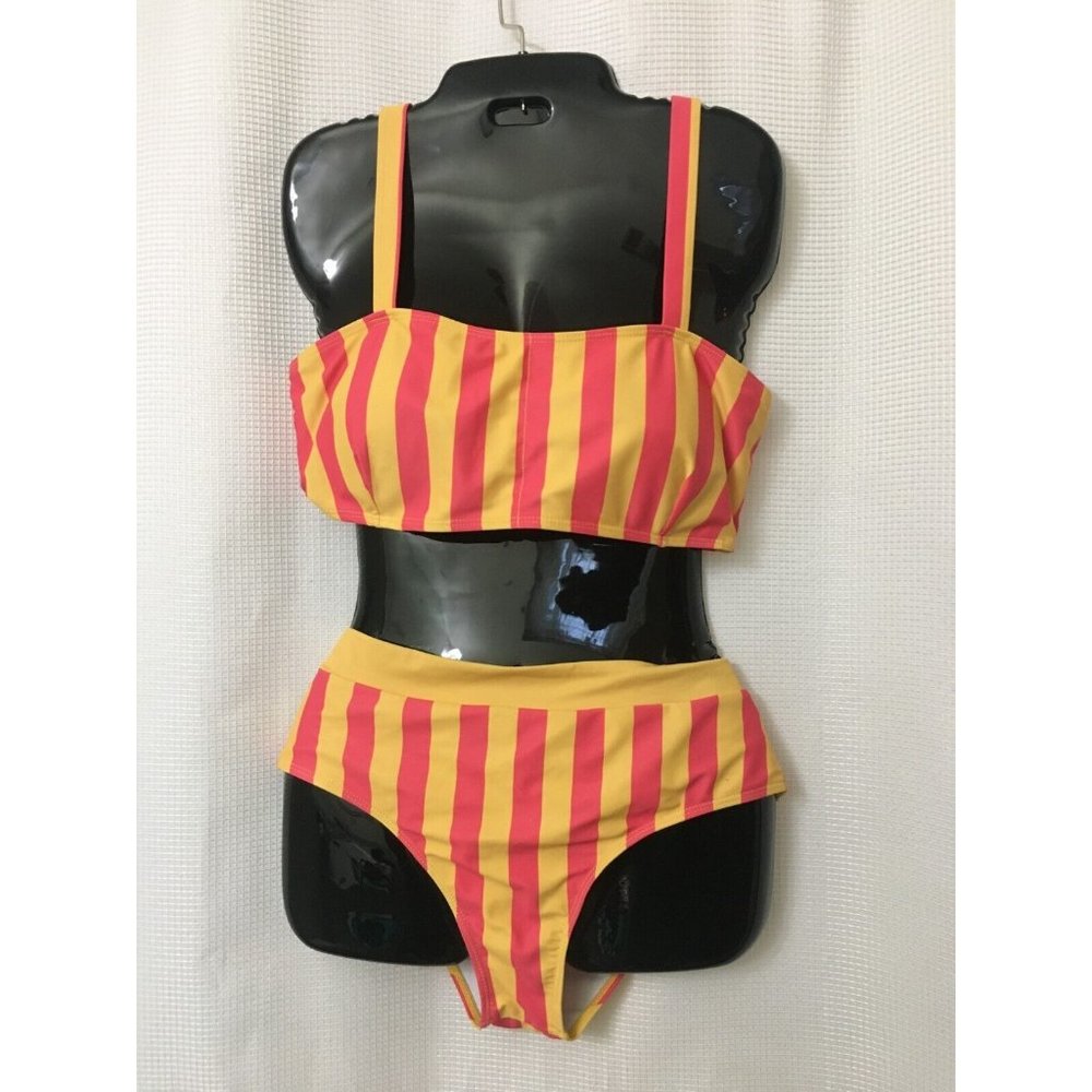 SHEIN 2 PIECE SWIMSUIT SIZE 0XL  PADDING IN BRA STRIPED GOLDEN YELLOW DARK PINK